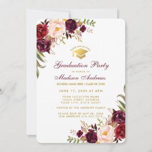 Burgundy Floral Gold Graduation Party Invite RB