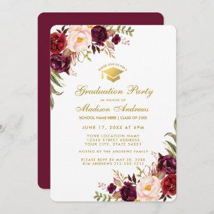 Burgundy Floral Gold Graduation Party Invite RBB