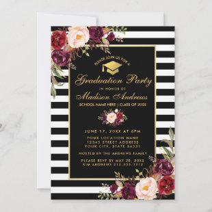 Burgundy Floral Gold Striped Graduation Party Invitation