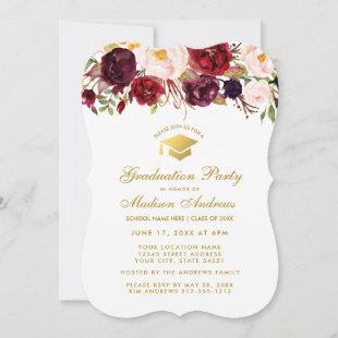 Burgundy Floral Graduation Party Gold Invite BW