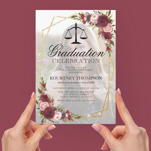 Burgundy Floral Law School Graduation Party Invitation