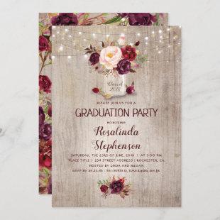 Burgundy Floral Mason Jar Rustic Graduation Party Invitation