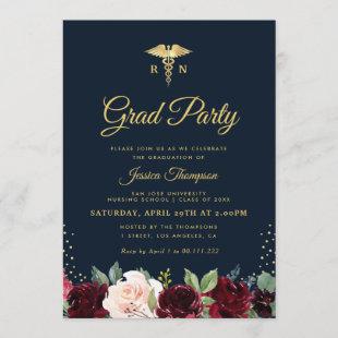 burgundy floral Nursing school graduation party Invitation