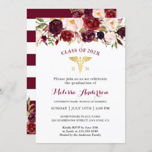 Burgundy Floral Nursing School Graduation Party Invitation