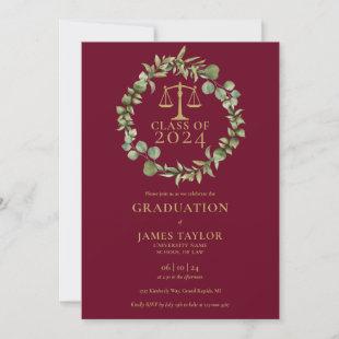 Burgundy Garland Photo Law School Graduation Invitation