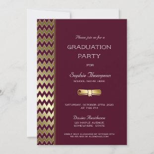 Burgundy Gold Chevron Striped Graduation Party Invitation