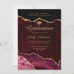 Burgundy Gold Glitter Agate Graduation Invitation