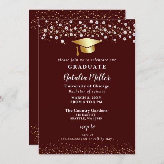 Burgundy Gold Hat Glitter Rhinestone Graduation Invitation