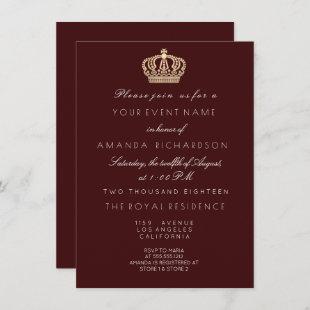 Burgundy  Golden Crown Royal Glitter 16th Bridal Invitation