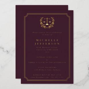 Burgundy Law School Graduation Party Foil Invitation