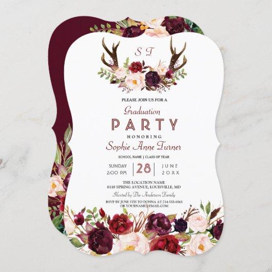 Burgundy Marsala Floral Antlers Graduation Party Invitation