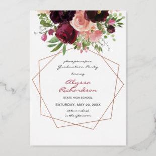 Burgundy & Pink Floral & Frame Graduation Party Foil Invitation