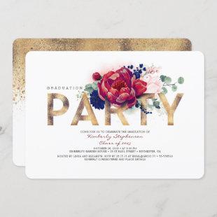 Burgundy Red and Navy Blue Floral Graduation Party Invitation