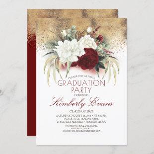 Burgundy Red and White Floral Elegant Graduation Invitation