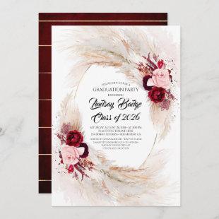 Burgundy Red Floral Pampas Grass Graduation Party Invitation