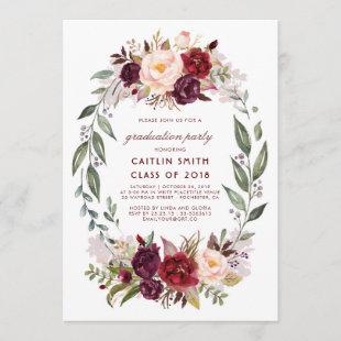 Burgundy Red Floral Wreath Graduation Party Invitation