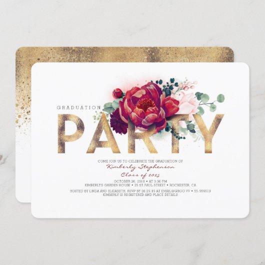 Burgundy Red Flowers and Gold Graduation Party Invitation