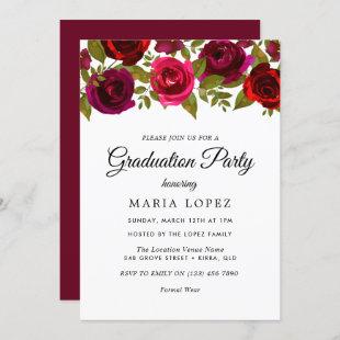 Burgundy Red Flowers Elegant Graduation Party Invitation