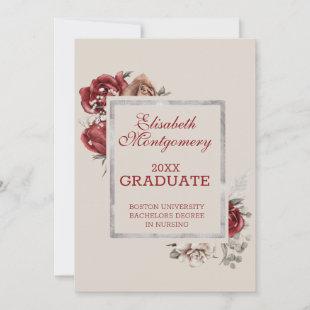 Burgundy Roses and Silver Frame Graduation Party Announcement