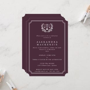 Burgundy/White JD Law Scales + Laurel Graduation Invitation