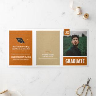 Burnt Orange Modern Textured Photo Graduation Tri-Fold Invitation