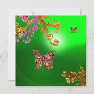 BUTTERFLY EMERALD GREEN, bright pink yellow brown Invitation