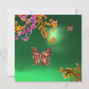 BUTTERFLY JADE GREEN, bright pink yellow brown Invitation