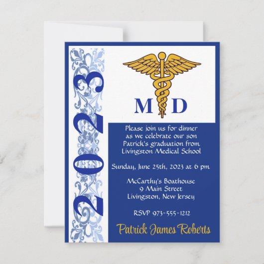 Caduceus Blue & Gold Medical School Graduation Invitation