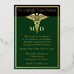 Caduceus Medical School Graduation Green/Black Foil Invitation