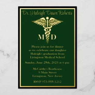 Caduceus Medical School Graduation, Green/Gold Foil Invitation