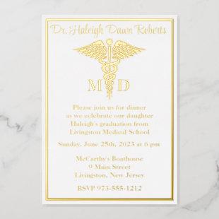 Caduceus Medical School Graduation, White/Gold Foil Invitation