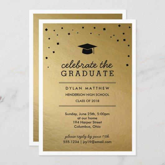 Cap and Confetti Gold Graduation Invitation