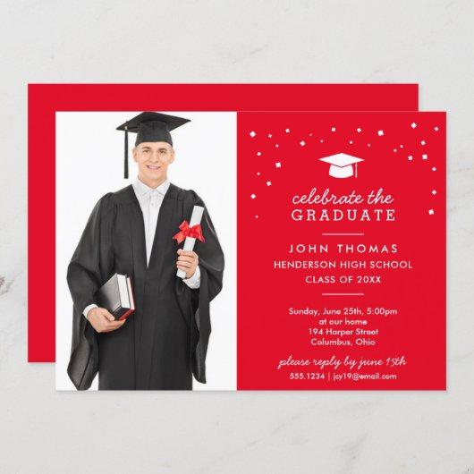 Cap and Confetti with Photo, Red Graduation Invitation