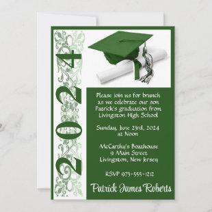 Cap & Diploma 5x7 Green and White Graduation Invitation