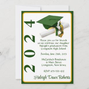 Cap & Diploma 5x7 Green & Gold Graduation Invitation