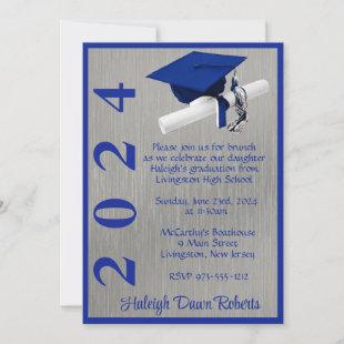 Cap & Diploma 5x7 Royal Blue and Silver Graduation Invitation