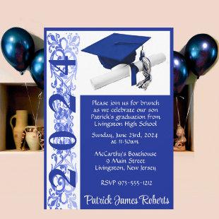 Cap & Diploma 5x7 Royal Blue & White Graduation Invitation