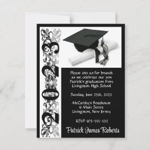 Cap & Diploma, Black Background Graduation Invitation