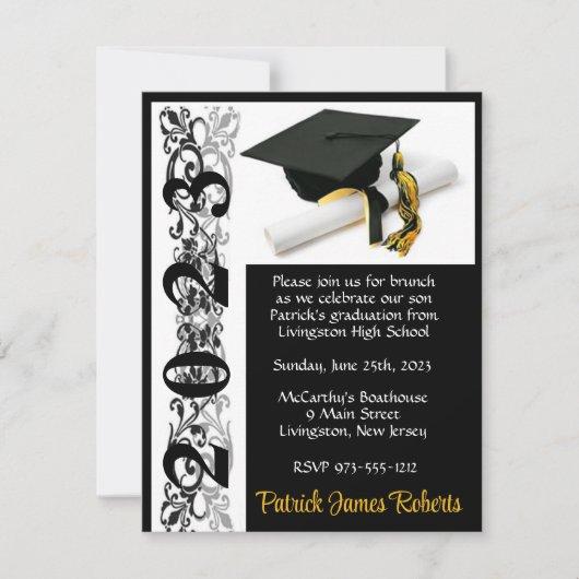 Cap & Diploma, Black & Gold Graduation Invitation