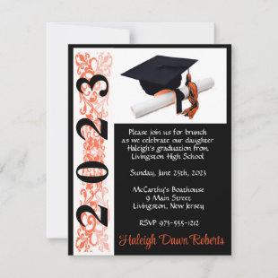 Cap & Diploma, Black & Orange Graduation Invitatio Invitation