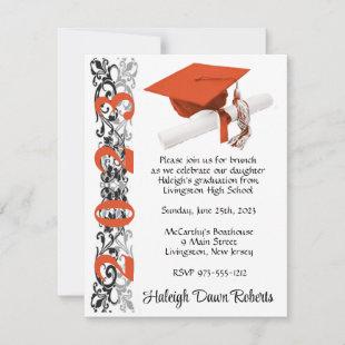 Cap & Diploma, Black & Orange Graduation Invitation