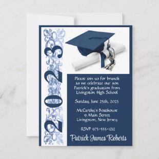 Cap & Diploma, Dark Blue Background Graduation Invitation