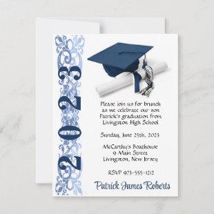 Cap & Diploma, Dark Blue Graduation Invitation