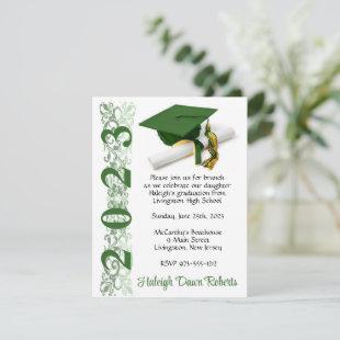 Cap & Diploma, Green & Gold Graduation Invitation