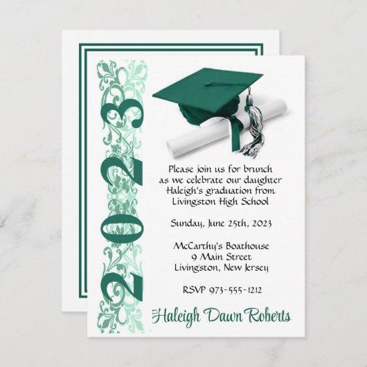 Cap & Diploma, Hunter Green & White Graduation Invitation