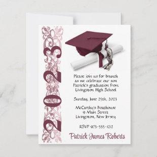 Cap & Diploma, Maroon & White Graduation Invitation