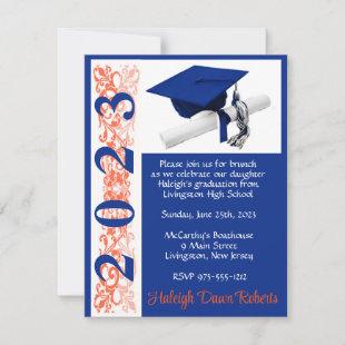 Cap & Diploma, Orange & Blue Graduation Invitation