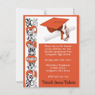 Cap & Diploma, Orange Graduation Invitation