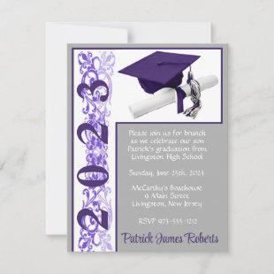 Cap & Diploma, Purple, Gray, White Graduation Invitation