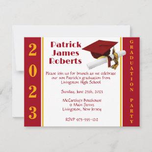 Cap & Diploma, Red & Gold Graduation Invitation